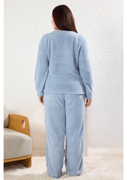 Açık Mavi Kruvaze Yaka Wellsoft/peluş Örme Pijama Takımı