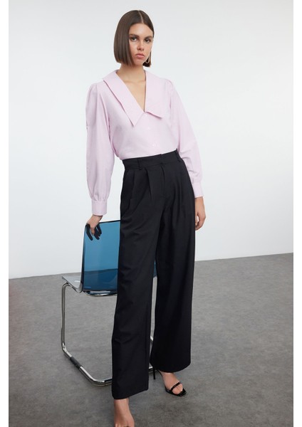 Siyah Pamuklu Ederli Kumaş Wide Leg/geniş Paça Dokuma Pantolon