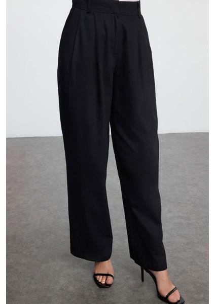 Siyah Pamuklu Ederli Kumaş Wide Leg/geniş Paça Dokuma Pantolon fırsatları