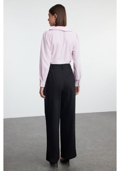 Siyah Pamuklu Ederli Kumaş Wide Leg/geniş Paça Dokuma Pantolon indirimleri
