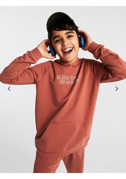 Kiremit Kapüşonlu Baskılı Uzun Kollu Erkek Çocuk Sweatshirt