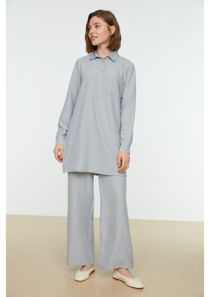 Gri Yarım Pat Çıtçıtlı Geniş Paça Tunik-Pantolon Dokuma Takım TCTSS22US0081