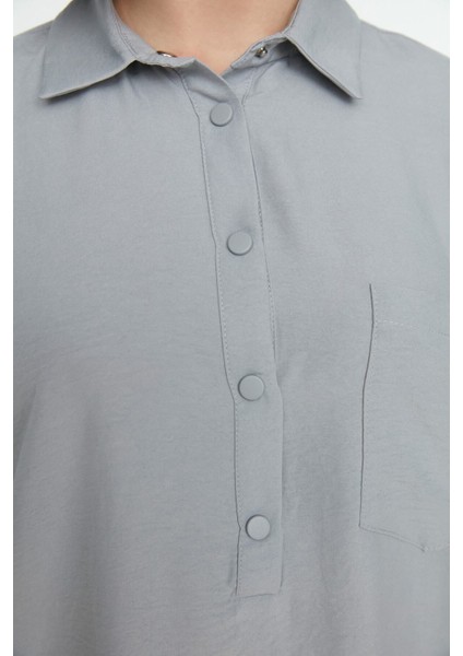 Gri Yarım Pat Çıtçıtlı Geniş Paça Tunik-Pantolon Dokuma Takım TCTSS22US0081 fiyatları