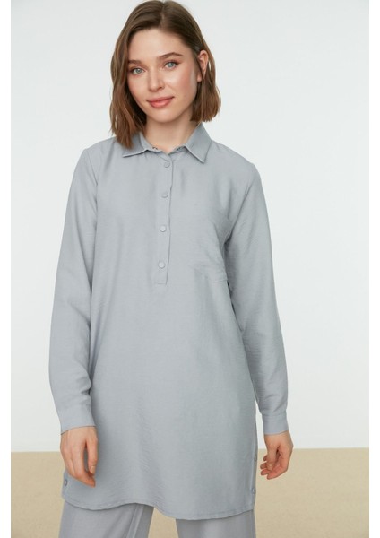 Gri Yarım Pat Çıtçıtlı Geniş Paça Tunik-Pantolon Dokuma Takım TCTSS22US0081 indirimleri