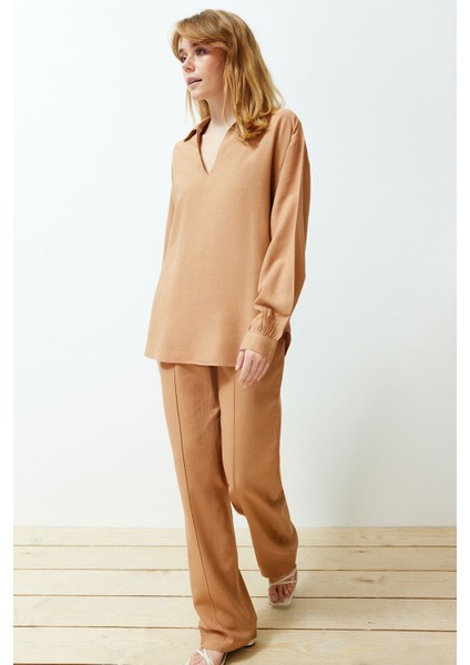 Camel Geniş Kesim V Yaka Bluz Straight/düz Kesim Pantolon Dokuma Alt-Üst Takım