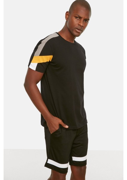 Siyah Slim/dar Kesim Bisiklet Yaka Kısa Kollu Renk Bloklu %100 Pamuk T-Shirt TMNSS20TS0187