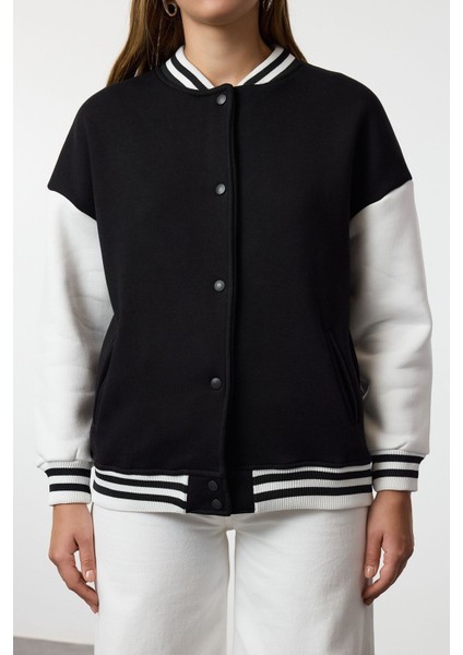 Siyah Oversize/geniş Kalıp Triko Bant Detaylı Kalın Örme Sweatshirt