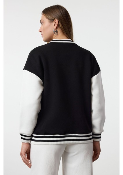 Siyah Oversize/geniş Kalıp Triko Bant Detaylı Kalın Örme Sweatshirt