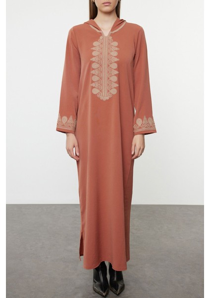 Tarçın Kapüşonlu ve Işleme Detaylı Dokuma Kimono& Kaftan & Jalabiya modelleri