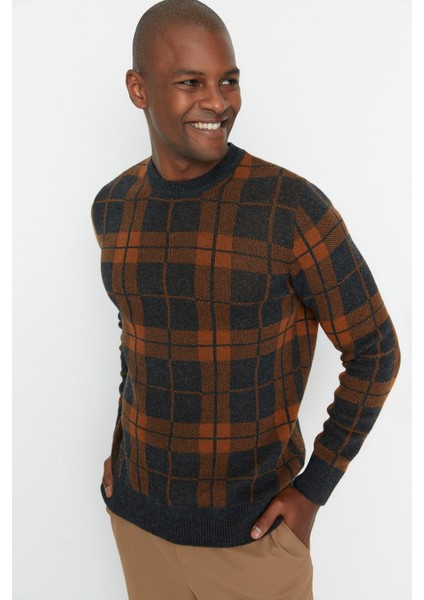 Antrasit Slim Fit Bisiklet Yaka Ekose Yün Karışımlı Triko Kazak TMNAW21KZ0369