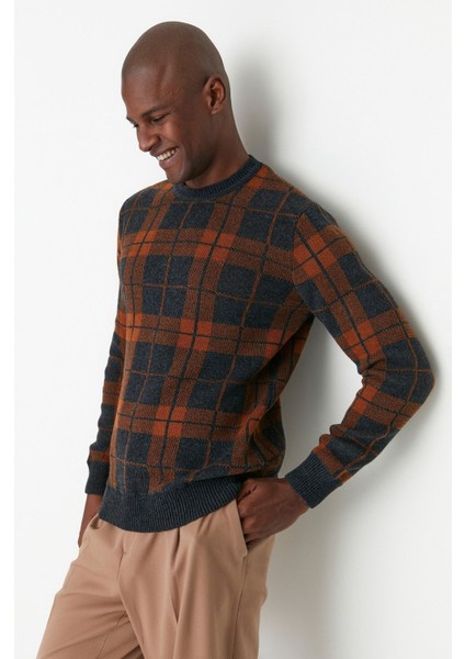 Antrasit Slim Fit Bisiklet Yaka Ekose Yün Karışımlı Triko Kazak TMNAW21KZ0369 modelleri