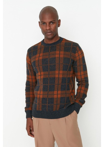 Antrasit Slim Fit Bisiklet Yaka Ekose Yün Karışımlı Triko Kazak TMNAW21KZ0369 fırsatları