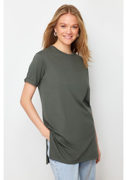 Siyah-Haki 2'li Paket Yırtmaç Detaylı Bisiklet Yaka Kısa Kollu Basic Örme T-Shirt fiyatları