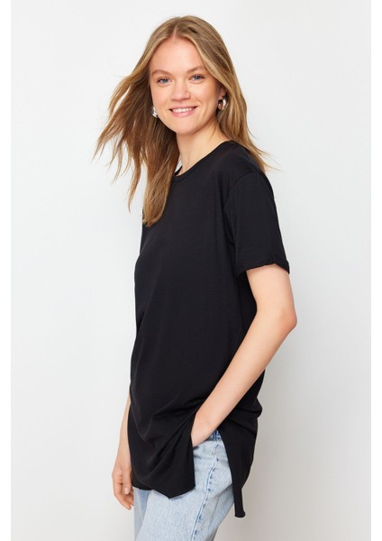 Siyah-Haki 2'li Paket Yırtmaç Detaylı Bisiklet Yaka Kısa Kollu Basic Örme T-Shirt modelleri