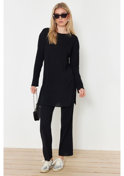 Siyah Oversize Fitilli Örme Alt-Üst Takım TCTSS24US00060