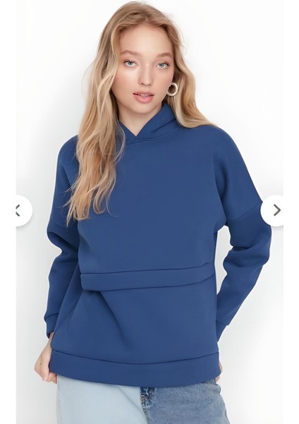 Indigo Kapüşonlu Boyfriend Kalın Içi Polarlı Örme Sweatshirt
