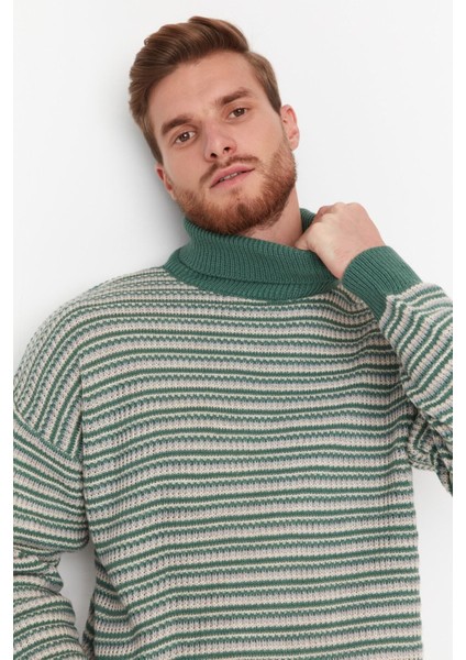 Mint Oversize Fit Balıkçı Yaka Çizgili Triko Kazak TMNAW23KZ00199
