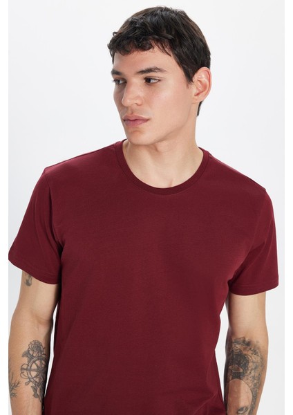 Erkek Slim Fit Dar Kesim Bisiklet Yaka Organik Pamuk Yumuşak Dokulu Kısa Kol Bordo Tişört