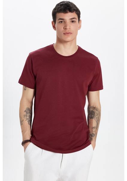 Erkek Slim Fit Dar Kesim Bisiklet Yaka Organik Pamuk Yumuşak Dokulu Kısa Kol Bordo Tişört