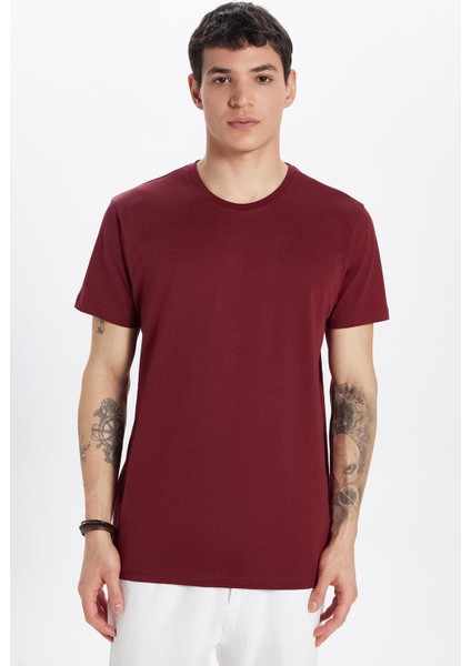 Erkek Slim Fit Dar Kesim Bisiklet Yaka Organik Pamuk Yumuşak Dokulu Kısa Kol Bordo Tişört