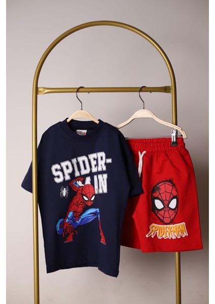 Erkek Çocuk Spider Man Baskılı Beli Lastikli Bağcıklı Lacivert Kırmızı Pamuklu Kumaş Şortlu Alt Üst Ikili Takım modelleri