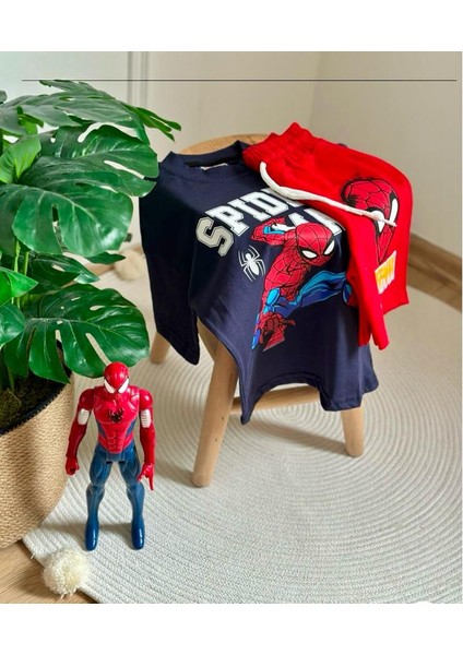 Erkek Çocuk Spider Man Baskılı Beli Lastikli Bağcıklı Lacivert Kırmızı Pamuklu Kumaş Şortlu Alt Üst Ikili Takım indirimleri