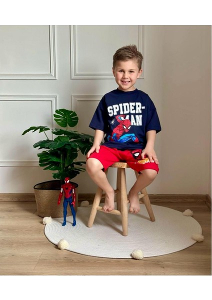 Erkek Çocuk Spider Man Baskılı Beli Lastikli Bağcıklı Lacivert Kırmızı Pamuklu Kumaş Şortlu Alt Üst Ikili Takım fırsatları