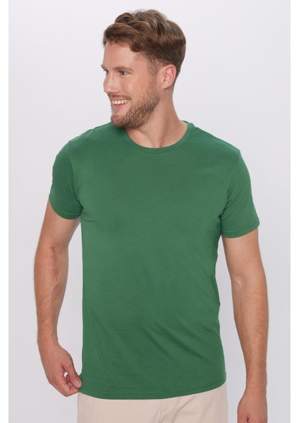Unisex Slim Fit Dar Kesim %100 Pamuk Yumuşak Dokulu Yeşil Bisiklet Yaka Tişört