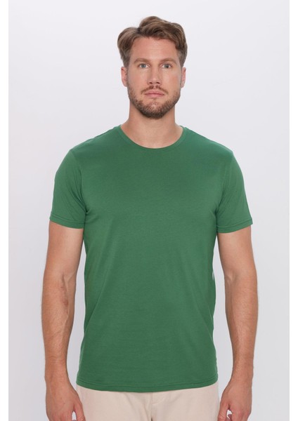 Unisex Slim Fit Dar Kesim %100 Pamuk Yumuşak Dokulu Yeşil Bisiklet Yaka Tişört