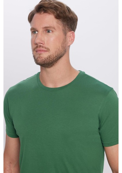 Unisex Slim Fit Dar Kesim %100 Pamuk Yumuşak Dokulu Yeşil Bisiklet Yaka Tişört