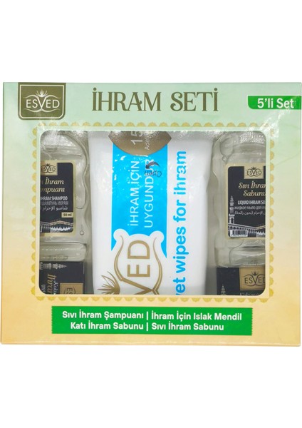 Kokusuz Ihram Seti 5li , Ihram Sıvı Sabunu, Ihram Şampuan, Ihram Katı Sabun, Ihram Islak Mendil