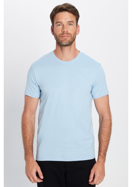 Erkek Slim Fit Dar Kesim %100 Organik Pamuk Yumuşak Dokulu Basic Açık Mavi Bisiklet Yaka Tişört fırsatları
