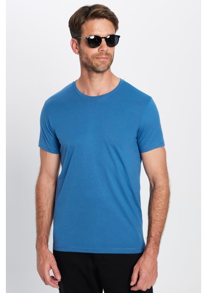Unisex Slim Fit Dar Kesim %100 Pamuk Yumuşak Dokulu Mavi Bisiklet Yaka Tişört