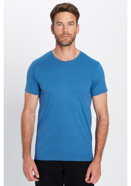 Unisex Slim Fit Dar Kesim %100 Pamuk Yumuşak Dokulu Mavi Bisiklet Yaka Tişört fiyatları