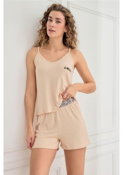 Kadın Ince Askı Kaşkorse Şortlu Bej Pijama Takımı 70702-943
