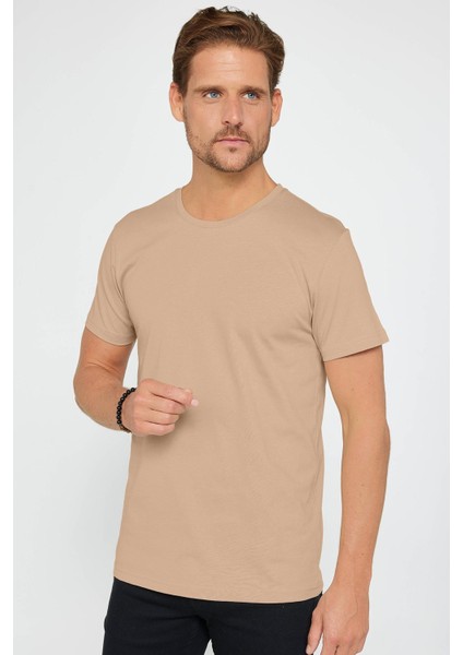 Unisex Slim Fit Dar Kesim %100 Pamuk Yumuşak Dokulu Vizon Renk Bisiklet Yaka Tişört fiyatları