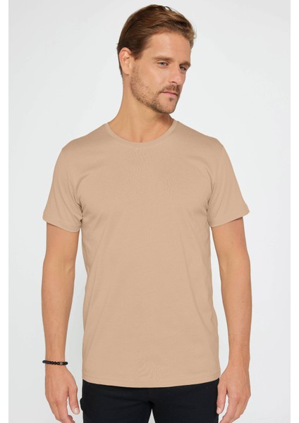 Unisex Slim Fit Dar Kesim %100 Pamuk Yumuşak Dokulu Vizon Renk Bisiklet Yaka Tişört fırsatları