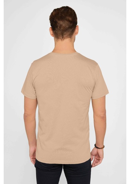 Unisex Slim Fit Dar Kesim %100 Pamuk Yumuşak Dokulu Vizon Renk Bisiklet Yaka Tişört indirimleri