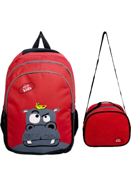 3 Gözlü Ilkokul Çantası Beslenmeli Takım Su Geçirmez Full Astarlı Hipopotam