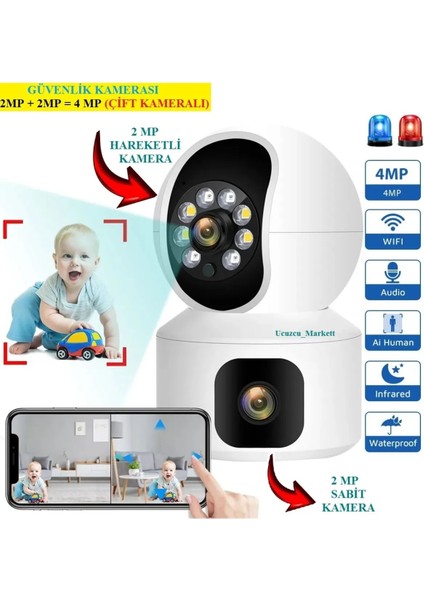 Çift Kameralı 2mp +2mp=4mp Güvenlik Kamerası Dünyanın Her Yerinden Izleme ve Hareket Ettirme