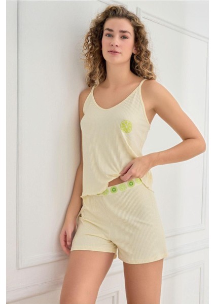Kadın Ince Askı Kaşkorse Şortlu Sarı Pijama Takımı 70702-856