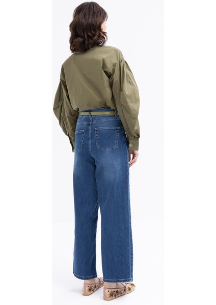 Koyu Mavi-Geniş Paça Denim Pantolon fırsatları