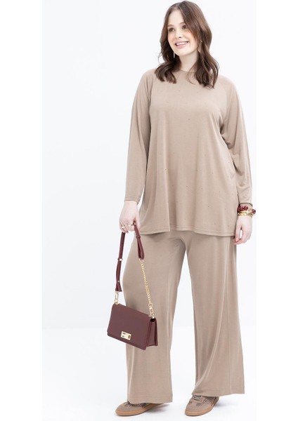 Vizon-Büyük Beden Beli Lastikli Likralı Geniş Paça Pantolon