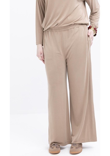 Vizon-Büyük Beden Beli Lastikli Likralı Geniş Paça Pantolon fırsatları