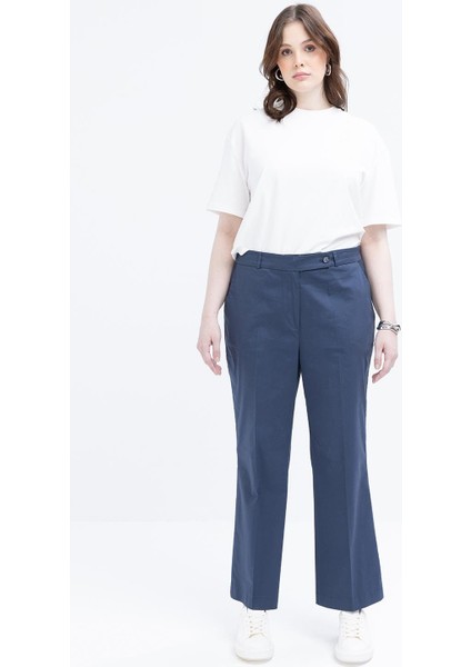 Indigo-Beli Lastikli Büyük Beden Likralı Pantolon