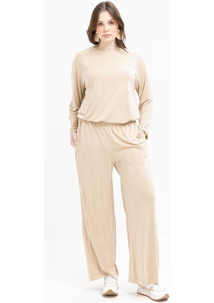 Bej-Büyük Beden Beli Lastikli Likralı Geniş Paça Pantolon