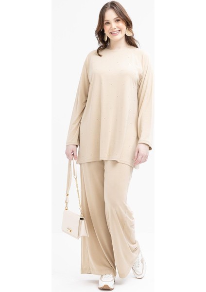 Bej-Büyük Beden Beli Lastikli Likralı Geniş Paça Pantolon fiyatları