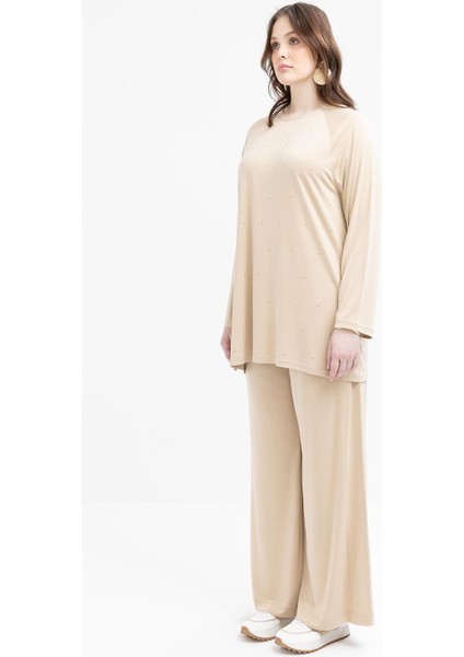 Bej-Büyük Beden Beli Lastikli Likralı Geniş Paça Pantolon modelleri