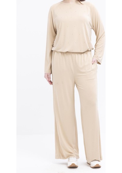 Bej-Büyük Beden Beli Lastikli Likralı Geniş Paça Pantolon indirimleri