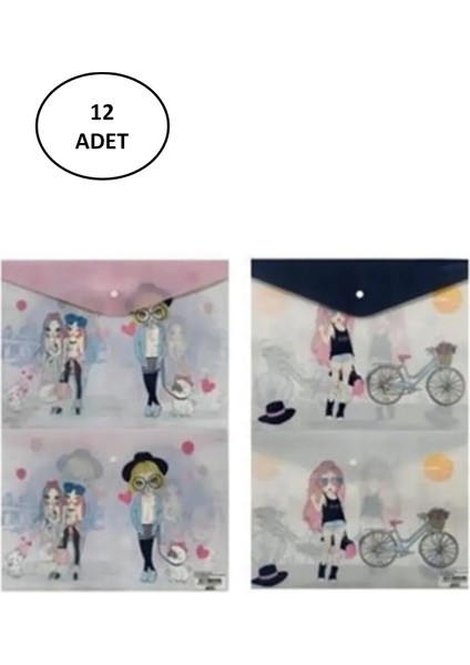 Desenli A4 Çıtçıtlı Dosya Kızları 2 Desen (12 Li Paket)